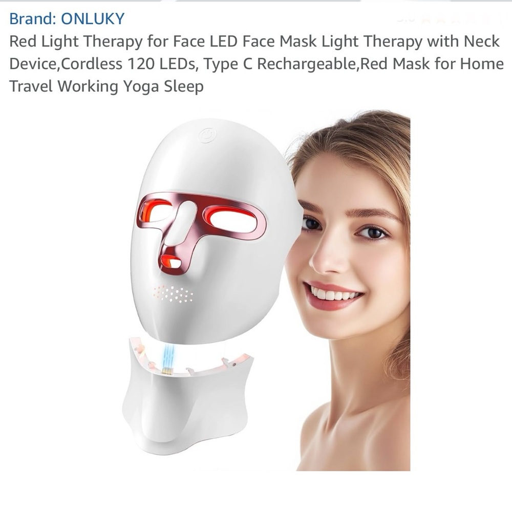 Red Light Therapy Face LED Face Mask Neck Device, 120 LEDs, Type C Rechargeable